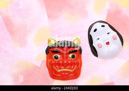 Setsubun traditionnelle japonaise, l'événement de masques démon et okame sont utilisés sur un événement annuel Banque D'Images