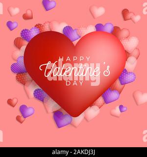 Happy Valentine Day greeting bannière avec félicitations sign in big red heart shape. Vector illustration avec de nombreux coeurs multicolores dans le background Illustration de Vecteur