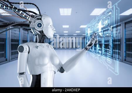 Le rendu 3D ou le robot cyborg femelle travail en salle serveur Banque D'Images