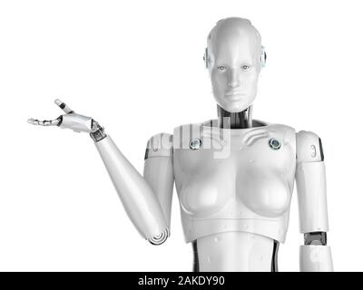 Le rendu 3D ou cyborg femelle robot open hand isolated on white Banque D'Images