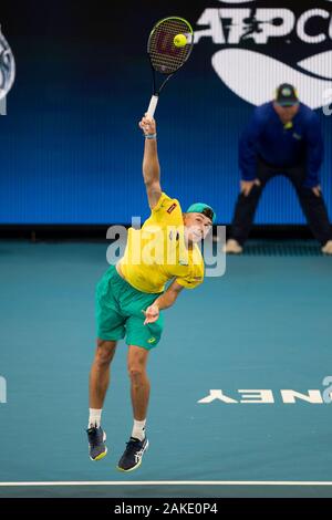 Sydney, Australie. 09Th Jan, 2020. Alex De Minaur sert de l'Australie pendant la finale de la Coupe de l'ATP 2020 Huit au Ken Rosewall Arena, Sydney, Australie, le 9 janvier 2020. Photo de Peter Dovgan. Credit : UK Sports Photos Ltd/Alamy Live News Banque D'Images