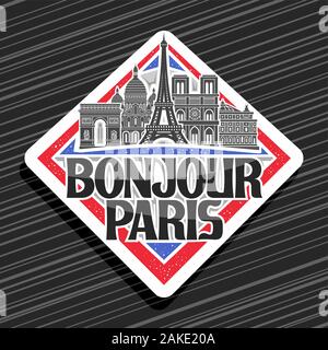 Logo Vector pour Paris, décoratives rhombus tag avec noir et blanc tirage d'art de célèbres monuments de Paris, créateur de caractères d'origine avec aimant pour réfrigérateur f Illustration de Vecteur