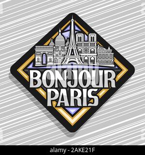 Logo Vector pour Paris, décoratives rhombus tag avec noir et blanc tirage d'art de célèbres monuments de Paris, créateur de caractères d'origine avec aimant pour réfrigérateur f Illustration de Vecteur