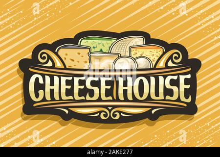 Logo Vector pour Cheese House, Dark vintage pancarte avec illustration de divers morceaux de fromage et de décoration s'épanouit, conception conseil signe avec Illustration de Vecteur