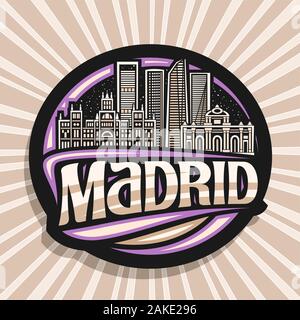 Logo Vector pour Madrid, cercle noir avec tag dessiner illustration de Madrid célèbre landmarks au soir, fridge magnet décoratif avec ty brosse original Illustration de Vecteur