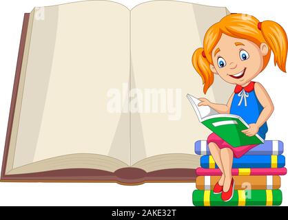 Petite fille lecture des livres assis sur pile de livres Illustration de Vecteur