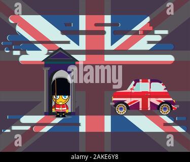 Old English voiture avec le drapeau de la Grande-Bretagne. Corps de garde de la Reine d'Angleterre contre la toile du drapeau de la Grande-Bretagne. Illustration de Vecteur