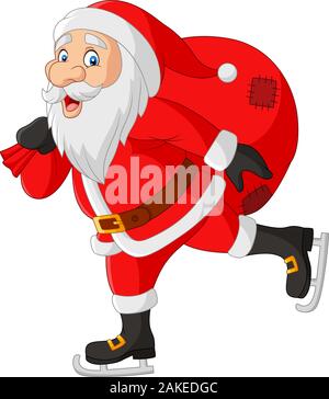 Cartoon santa claus patineuse portant un sac de cadeaux Illustration de Vecteur