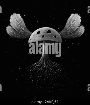 Champignons Avec Ailes Volantes Dans L'Espace. Illustration Numérique Dessinée À La Main Sur Fond Noir. Conçu pour l'impression, les affiches, les tee-shirts, etc Banque D'Images