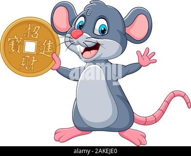 Funny cartoon Rat comme symbole de la nouvelle année 2020 holding pièce d'or. Traduction chinoise : joyeux nouvel an chinois Illustration de Vecteur