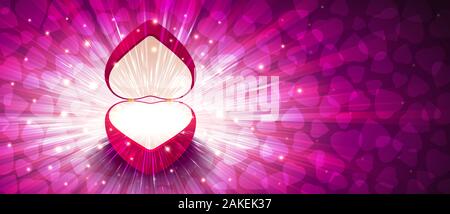 Ouvrir boîte-cadeau avec l'explosion d'artifice de paillettes et les cœurs sur les rayons lumineux. Carte de voeux illustration pour mariage, Saint Valentin. Vector background Illustration de Vecteur