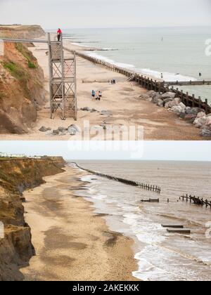 Shot composite montrant l'érosion côtière à Happisburgh, Norfolk, Royaume-Uni. La première photo prise en 2010 montre les étapes menant à la plage, le second cliché pris en 2015 montre les deux blocs de béton qui ont été les bases pour les étapes, et est tout ce qui reste, après l'érosion rapide du littoral. Banque D'Images