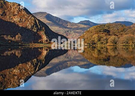 Llyn Dinas, vue ouest à Moel Hebog et Moel Lefn. Nant Gwynant valley, le Parc National de Snowdonia, Beddgelert, au nord du Pays de Galles, Royaume-Uni. Octobre 2017. Banque D'Images