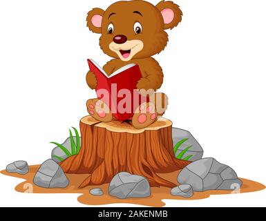 Mignon bébé ours reading book on tree stump Illustration de Vecteur