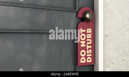 Une chambre d'hôtel noir fermé porte avec un panneau rouge disant ne pas déranger en disant la poignée - 3D render Banque D'Images