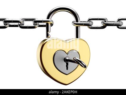 Un cadenas jaune en forme de coeur déverrouillé à l'aide d'une clé d'au moins deux chaînes d'argent ensemble sur un cas isolé sur fond blanc - 3D render Banque D'Images