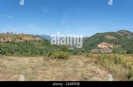 Paysage vallonné avec des pentes desséchées et arbres du sud de l'Appeninnes, tourné en été lumineux lumière près de Lagonegro, Potenza, Basilicate, Italie Banque D'Images