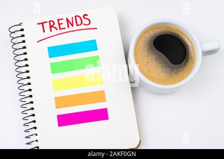 Tendances 2020 concept commercial. Ordinateur portable avec liste des tendances, tasse de café sur fond blanc. Populaires, des sujets pertinents, des tendances, à la mode, la mode concep Banque D'Images