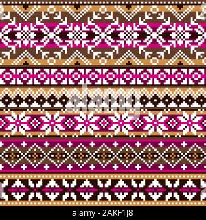 Fair Isle écossais traditionnel style knitwear seamless vector pattern, Shtelands rétro conception répétitives de tricot avec des flocons en marron et rose Illustration de Vecteur