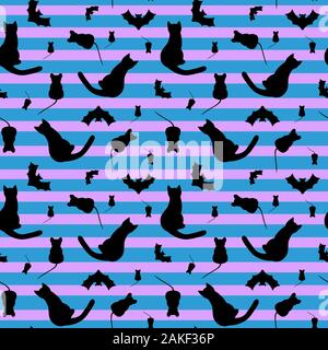 Avec motif transparent black cats et souris. Bandes lumineuses en couleurs bleu et rose. Banque D'Images