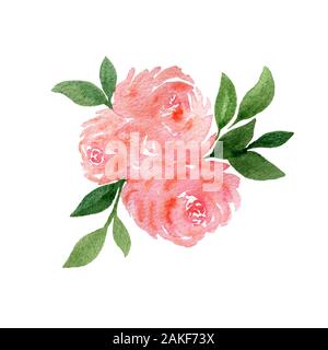 Fleurs bouquet de rose rose isolé sur blanc, Aquarelle Décoration florale, rose floral design pour la Saint-Valentin ou la mère jour Banque D'Images
