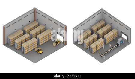 Les cyborgs de l'automatisation du rendu 3D isométrique dans l'entrepôt de travail Banque D'Images
