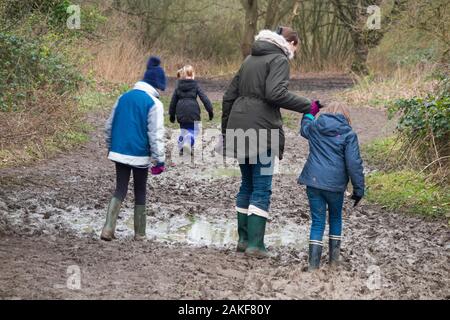 Mère / maman / maman marchant dans la boue avec ses trois enfants un jour d'hiver sur un chemin boueux à travers les bois de bois sur West End Common, Esher, Surrey. ROYAUME-UNI. (115) Banque D'Images