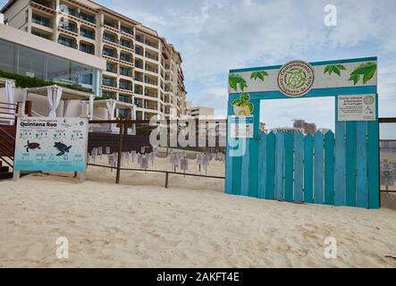 Une enceinte protectrice pour nid d'œufs de tortue où les œufs sont surveillés jusqu'à ce qu'ils soient hachés puis relâchés dans la mer à Cancun, au Mexique Banque D'Images