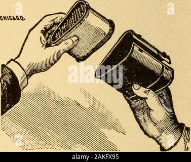 Anaesthesia anaesthetics et général et local . Fig. 24.-Allis inhalateur avec couvercle métallique amovible. Fig. 24. Un cadre métallique suffisamment grand pour couvrir la partie inférieure por-tion de la face et ainsi d'admettre comme fenêtrée de l'introduction d'un largenumber de tissu partitions. Ces partitions sont formées d'un gauzebandage en tissant la toile de revenir à l'dans thesides fenestras de la trame. Bien que l'instrument n'est que d'environ 4 pouces de inlength et de 2 à 3 de large, il nécessite environ trois mètres d'gauzebandage pour former les partitions. L'ensemble est entouré d'un crique nickelé Banque D'Images