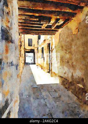 Aquarelle représentant une ruelle dans le centre historique de Venise Banque D'Images