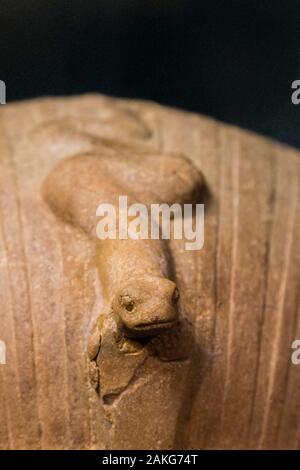 Photo prise lors de l'ouverture visite de l'exposition 'Sésostris III, pharaon de légende", Lille, France. Uraeus sur la tête du roi. Banque D'Images