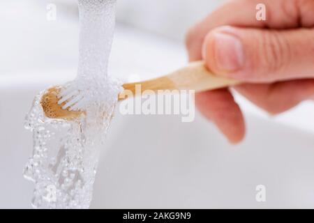Libre d'un homme de race blanche à l'aide d'une brosse à dents dans la salle de bain en bambou Banque D'Images