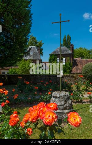 La France, l'Oise, Gerberoy, classé Plus Beaux Villages de France, ses maisons des xviie et xviiie siècles, faite de bois et s/n ou briques et silex, Gerberoy faire un lieu unique de marcher au printemps et en été, les rosiers grimpants sur les façades de transformer la ville en un véritable jardin de roses Banque D'Images