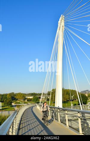 La France, Bas Rhin, entre Strasbourg et Kehl en Allemagne, le jardin des deux fleuves, le Rhin, le pont Mimram reliant les deux parties du jardin Banque D'Images