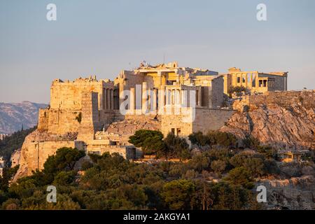 Grèce, Athènes, l'acropole d'Athènes, Site du patrimoine mondial de l'UNESCO, vu de la colline de Philopappos Hill ou des Muses Banque D'Images