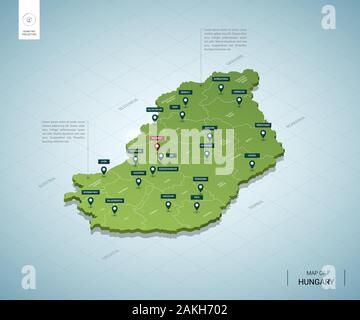 Carte stylisée de la Hongrie. 3D isométrique carte verte avec des villes, des frontières, capitale Budapest, régions. Vector illustration. Couches modifiables clairement étiquetés. Illustration de Vecteur