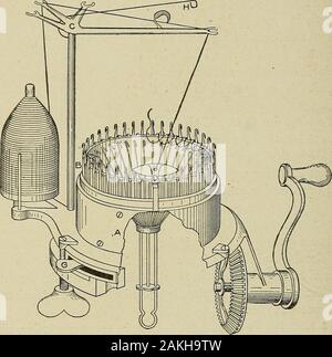 Cyclopedia of textile travail : une bibliothèque de référence générale sur le coton, de laine et de fils de laine peignée, tissage, fabrication de la conception, de la chimie et de teinture, de finition, le tricot, et les sujets . Fig. 131. Set-Up. 217 200 aiguilles à tricoter le pouce. Tricotez-retour quarante-cinq fois le closeoff la fin du pouce en le soulevant par six aiguilles sur chaque côté ; comme thenproceed à tricoter un talon. Pousser vers le bas l'ensemble des vingt-quatre needlesand exécuter le pouce, en laissant le fil sur la gauche. Nowtake la ralingue de suture sur chaque côté du pouce tricoter ainsi, début Fermer en bas, et de mettre le Banque D'Images