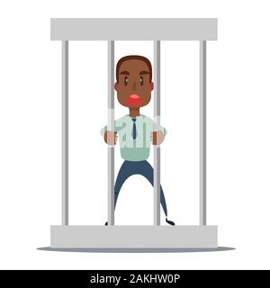 Triste businessman in office suit en prison derrière les barreaux avec bille de métal enchaînés à sa jambe. Concept de criminalité financière. Illustration de Vecteur