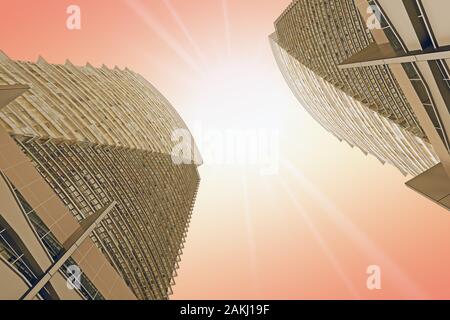 Deux gratte-ciel identiques en teinte marron Vue de dessous. Le rendu 3D Banque D'Images