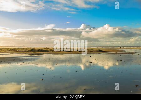 Lever du soleil plage de la mer du Nord à IJmuiden vue vers Zandvoort avec la marée basse et début de la formation de dune sur la plage contre l'arrière-plan de nuages et l'horizon Banque D'Images