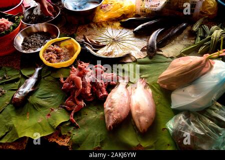 Les spécialités de poisson de la cuisine cambodgienne dans une échoppe de marché à Battambang Banque D'Images