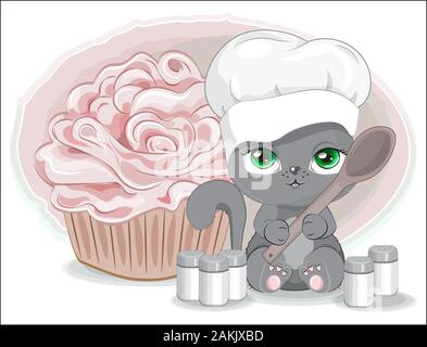 Cuire à cap chat avec cuillère. d'épices et de cupcake. Photo en Dessin à la main, style cartoon pour t-shirt porter print design, carte de vœux, carte postale. Illustration de Vecteur