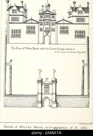 L'archéologie et l'histoire naturelle du Wiltshire magazine . Lorsque l'avant a été reconstruite dans son état actuel par Inigo Jones, thewings du côté est ont été quelque peu en harmonie withit, mais la masse centrale est restée intacte jusqu'à la partie supérieure par wasremodeled Wyatt, au début de ce siècle. Le seul ad-ditions à l'ancien travail étant les deux niches à baldaquin containingthermes de chaque côté du porche d'entrée. Ces ont été addedby Henry, le second comte, probablement peu de temps après il est venu à la succession.Elles sont surmontées par des boucliers d'armoiries, que le côté thedexter carr Banque D'Images