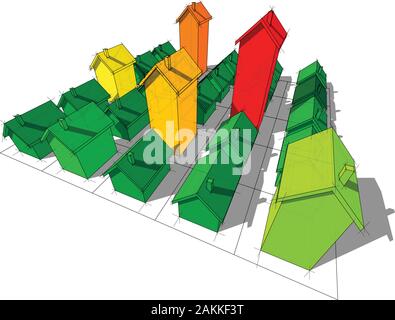 Domaine de vingt-cinq maisons individuelles simple transparent avec autre hauteur sur grille rectangulaire composée de carrés de couleurs de l'évaluation énergétique Illustration de Vecteur