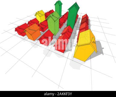 Domaine de vingt-cinq maisons individuelles simple transparent avec autre hauteur sur grille rectangulaire composée de carrés de couleurs de l'évaluation énergétique Illustration de Vecteur