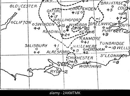 L'Bakerian Conférence : un levé magnétique des îles Britanniques pour la période du 1er janvier 1886 . BIRMINGHAM o +/5 o QKETTERING 5 mars -4  +29o-K£NLLrtORTH / . Je  o^BHIDQ NORTHAMPTONJ C° MMGsyT MALVERN l TONNE BED£®VD. fr/£o. OCLIFTCWoSwh t/D0lf ^Wtrft £U&OU GfEENWlC ADINGC R&SALISBURY **/ ^1 ? Plus un/ ° +/ I TUNBRIDGE  + 4 AL RESFQRQ^^^ JtZ iz -4-       rv   .     &Lt ; ?r IC SA HESTER Banque D'Images