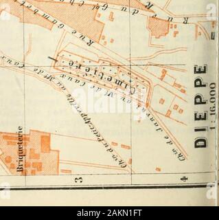 Le nord de la France : à partir de la Belgique et de la Manche à la Loire, à l'exclusion de Paris et ses environs : manuel pour les voyageurs . -/2- l/r^^^^* :-"^^ ; .. 11917. De Dieppe à Paris. 1041/2 ou 125 M. Railway en 21/2-5 heures. Tarifs (18 fr. 90. 12 fr. 80, 8 fr.80 c.)- Le train le plus rapide via Rouen, bien que cette route est le longestin kilométrage. - De Londres à Dieppe, voir p. xiii. Dieppe. - L'arrivée. Le bateau-train pour et de la Gare Mari-time (PI. 1), 2 ; buOet). La station Cenral (P). C, 3) se trouve ca. 3/4 M. dela b&lt;ach. Bill omnibus de la gare à l'hôtel ou à une adresse privée3 Banque D'Images