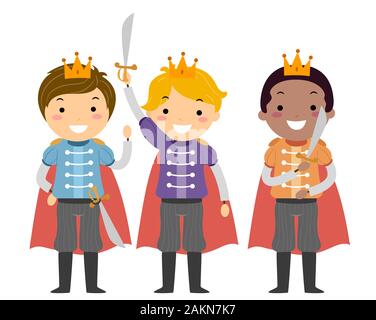 Illustration de Stickman enfants garçons portant des costumes Prince avec couronne et épées Banque D'Images