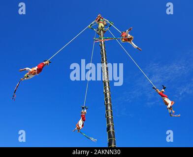 Les Voladores, flyers ou la performance. Ils grimper en haut d'un mât très élevé leur taille jusqu'à des cordes enroulées autour du pôle et puis sauter, voler gracieusement un Banque D'Images