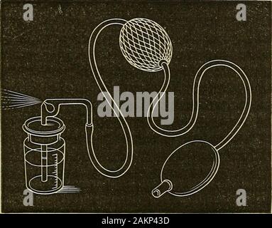 Matière médicale et de thérapeutique : pour les médecins et les étudiants . l'autre extrémité il est situé près de andabout en face au centre d'une ouverture dans le capillaire hori zontal-tube. Cela permet de connecter avec un tube élastique, interceptés bytwo boules élastiques, une au milieu, l'autre, qui est furnishedwith vannes, à l'extrémité du tube. La bille supérieure agit comme areservoir, dans lequel un courant d'air est forcée à partir de la partie inférieure des remèdes pharmacologiques. 67 ball par pression avec la main. L'air dans le glasstube étant vertical, le liquide raréfiée passe à l'ouverture des capillaires, il est pulvérisé par la c Banque D'Images